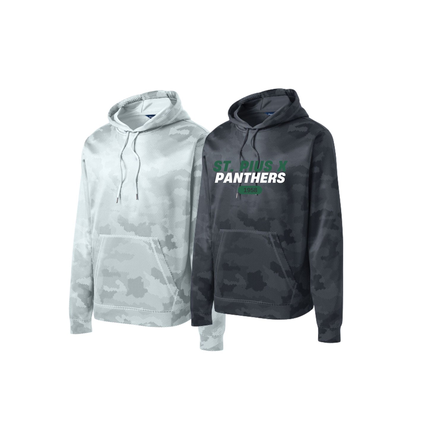 Two camouflage hoodies, one gray and one black, on a white background.