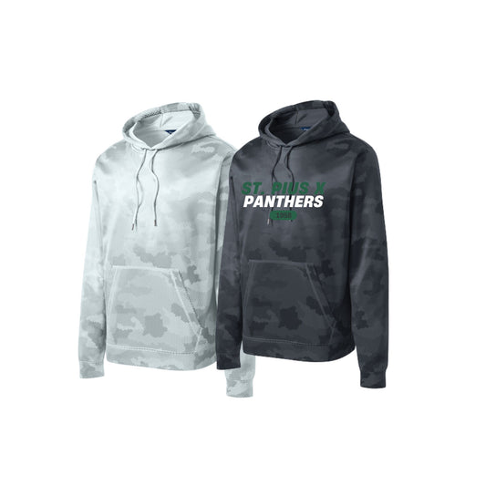 Two camouflage hoodies, one gray and one black, on a white background.