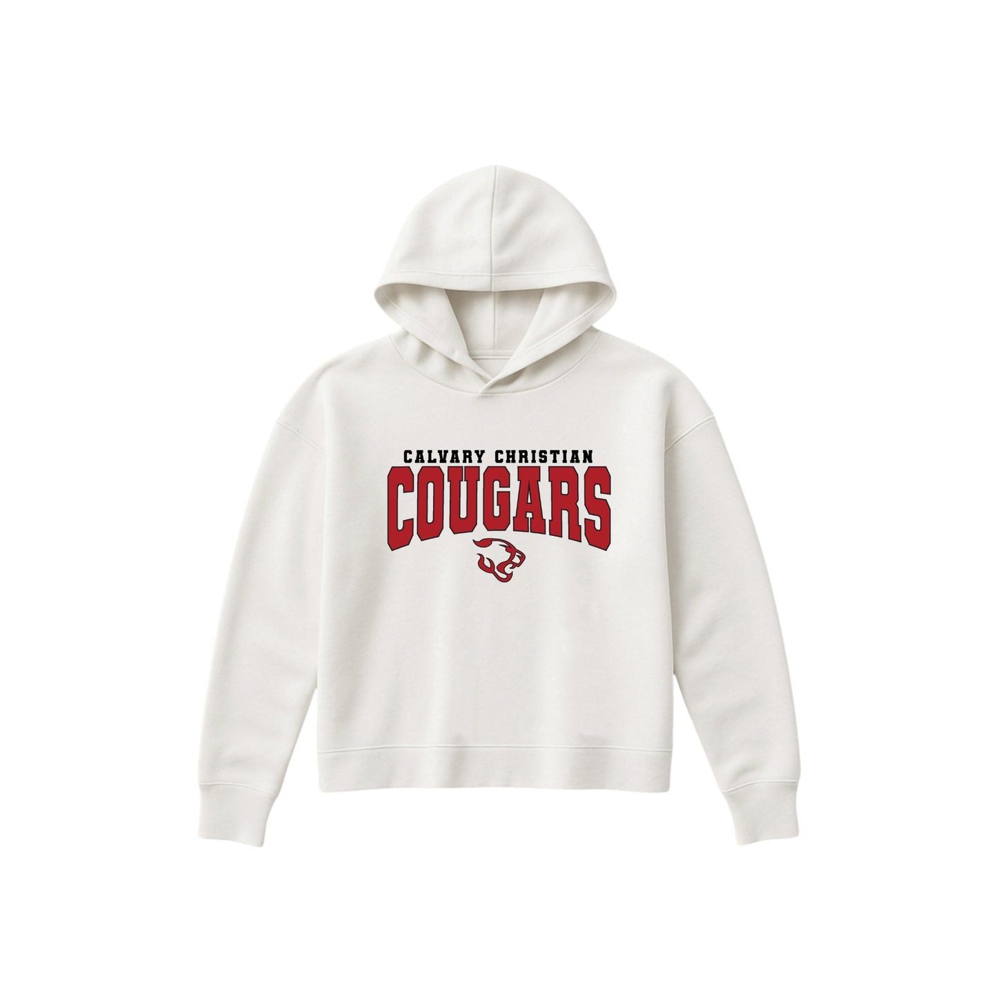 An off-white hooded sweatshirt with a red and black 'CALVARY CHRISTIAN COUGARS' graphic on the chest, displayed against a solid white background.