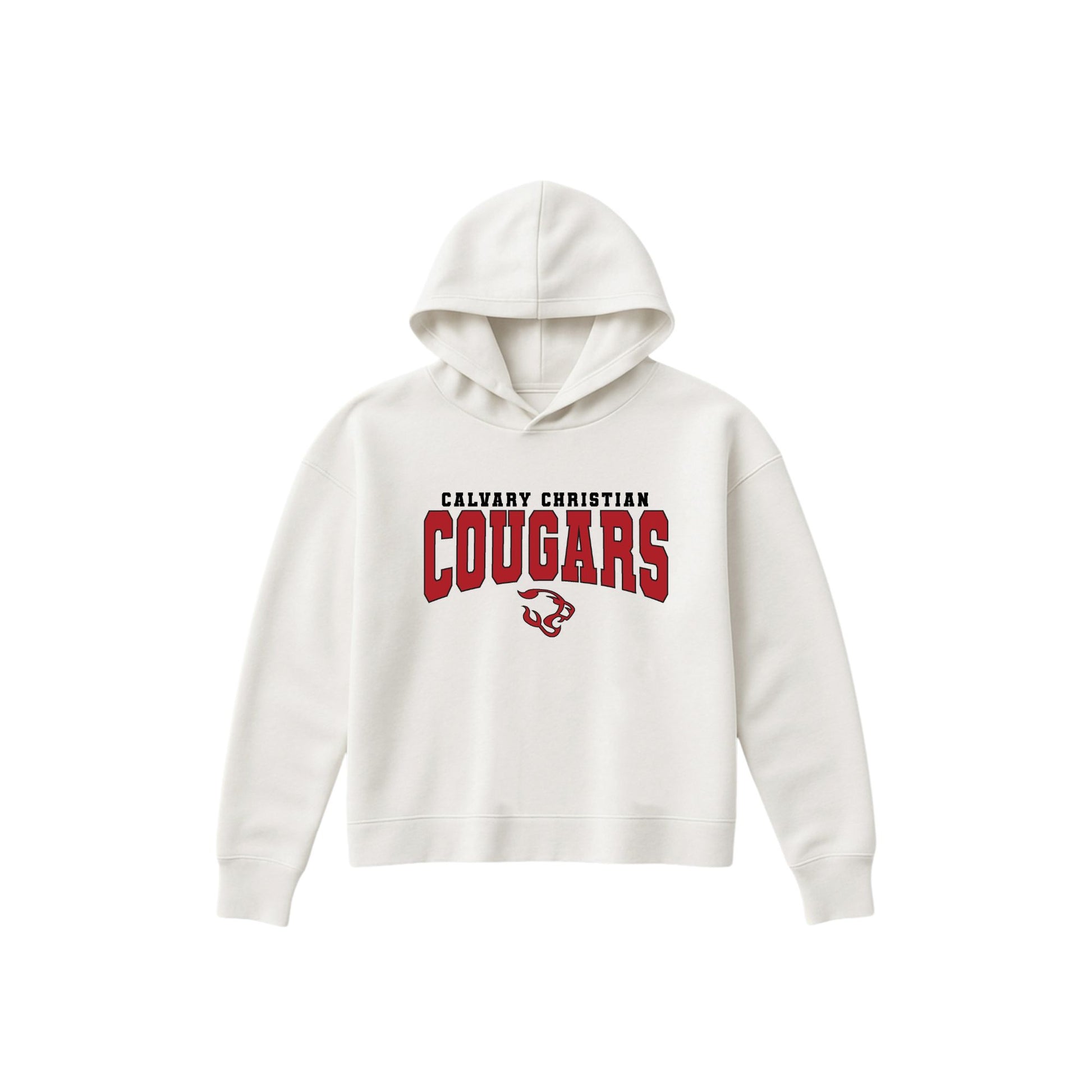 An off-white hooded sweatshirt with a red and black 'CALVARY CHRISTIAN COUGARS' graphic on the chest, displayed against a solid white background.