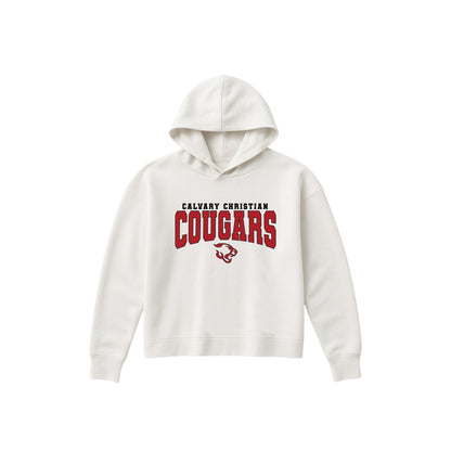 An off-white hooded sweatshirt with a red and black 'CALVARY CHRISTIAN COUGARS' graphic on the chest, displayed against a solid white background.