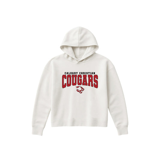 An off-white hooded sweatshirt with a red and black 'CALVARY CHRISTIAN COUGARS' graphic on the chest, displayed against a solid white background.
