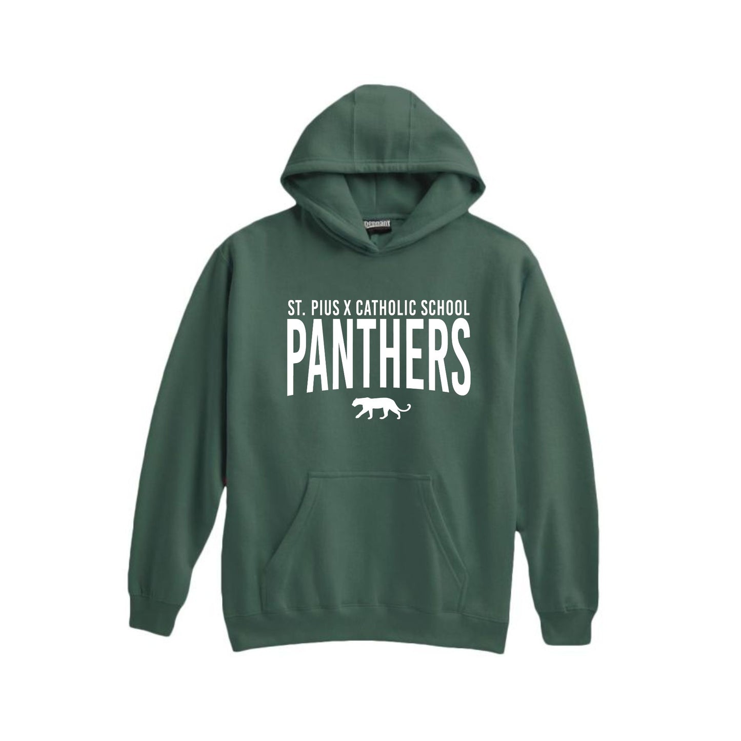 A dark green pullover hoodie with white printed text reading 'ST. PIUS X CATHOLIC SCHOOL PANTHERS' and a small panther graphic, shown on a plain white background.