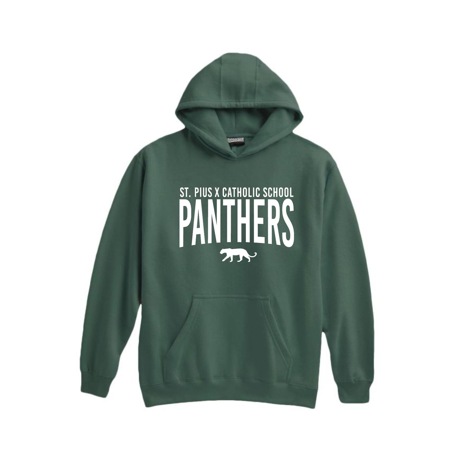 A dark green pullover hoodie with white printed text reading 'ST. PIUS X CATHOLIC SCHOOL PANTHERS' and a small panther graphic, shown on a plain white background.