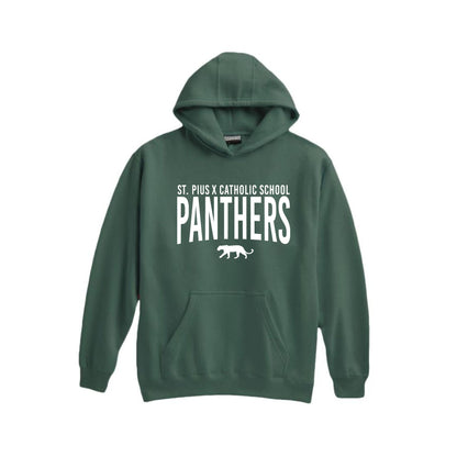 A dark green pullover hoodie with white printed text reading 'ST. PIUS X CATHOLIC SCHOOL PANTHERS' and a small panther graphic, shown on a plain white background.