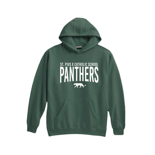 A dark green pullover hoodie with white printed text reading 'ST. PIUS X CATHOLIC SCHOOL PANTHERS' and a small panther graphic, shown on a plain white background.