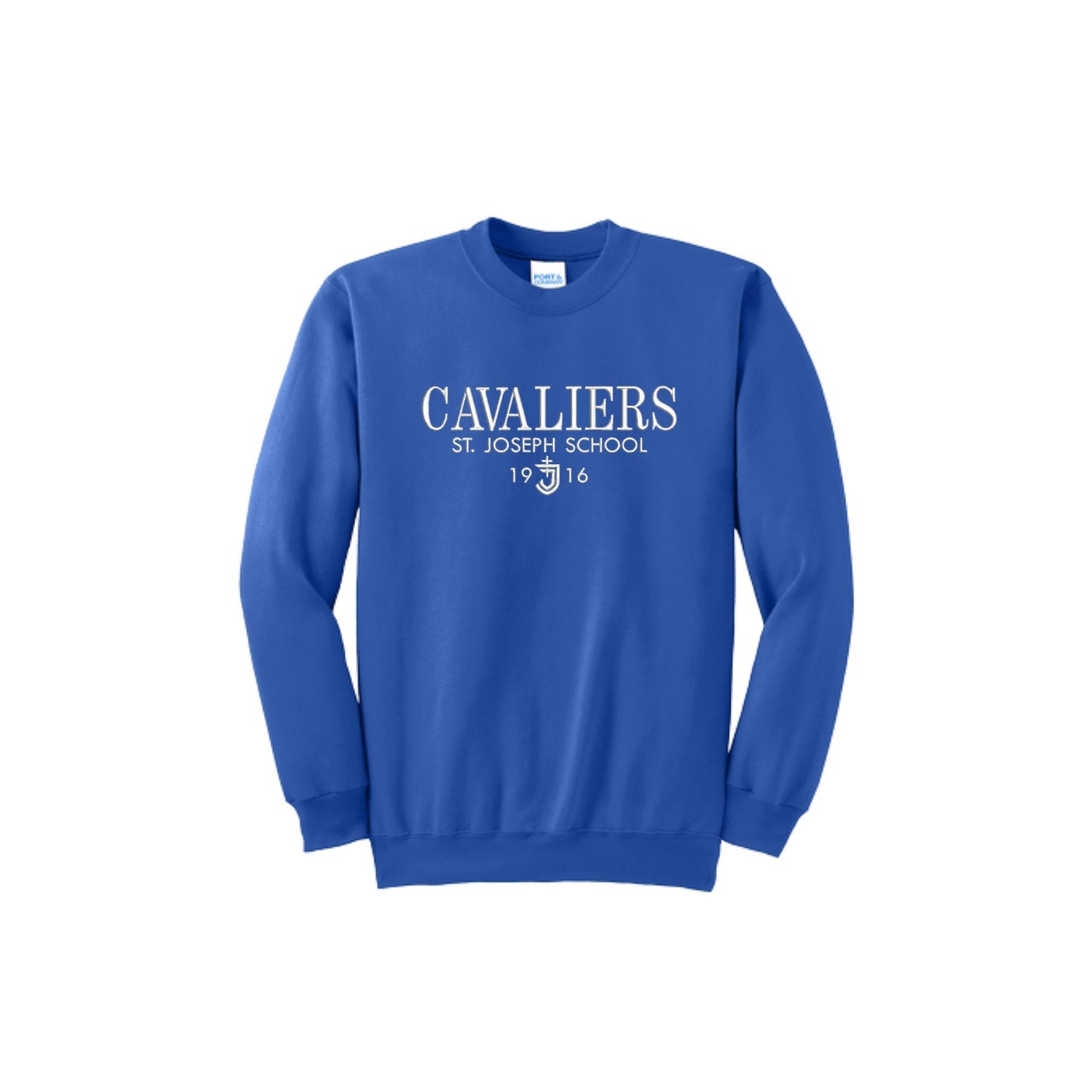Blue sweatshirt with 'Cavaliers St. Joseph School' text on a white background
