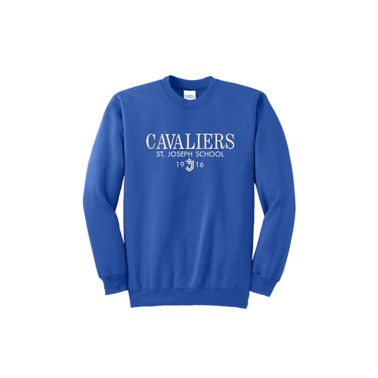 Blue sweatshirt with 'Cavaliers St. Joseph School' text on a white background