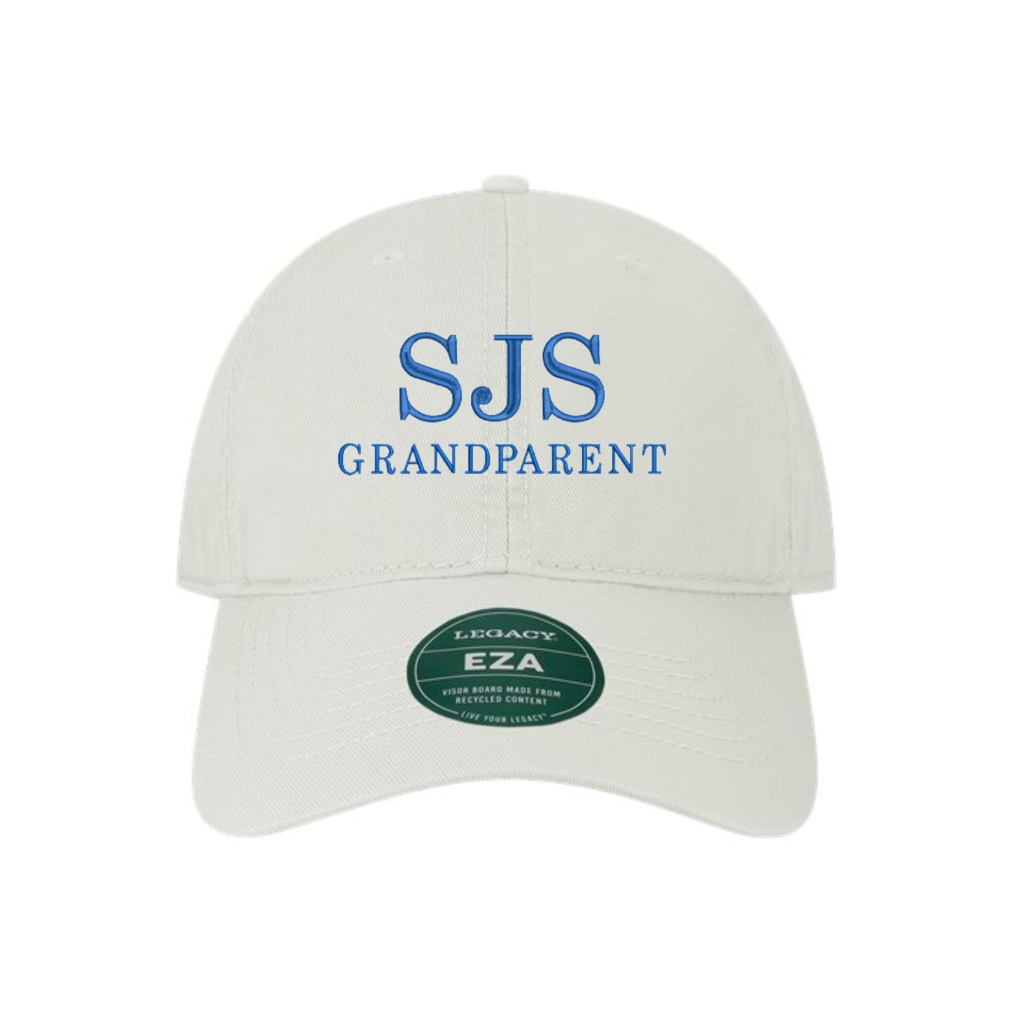 white baseball hat with sjs grandparent embroidered in royal blue thread