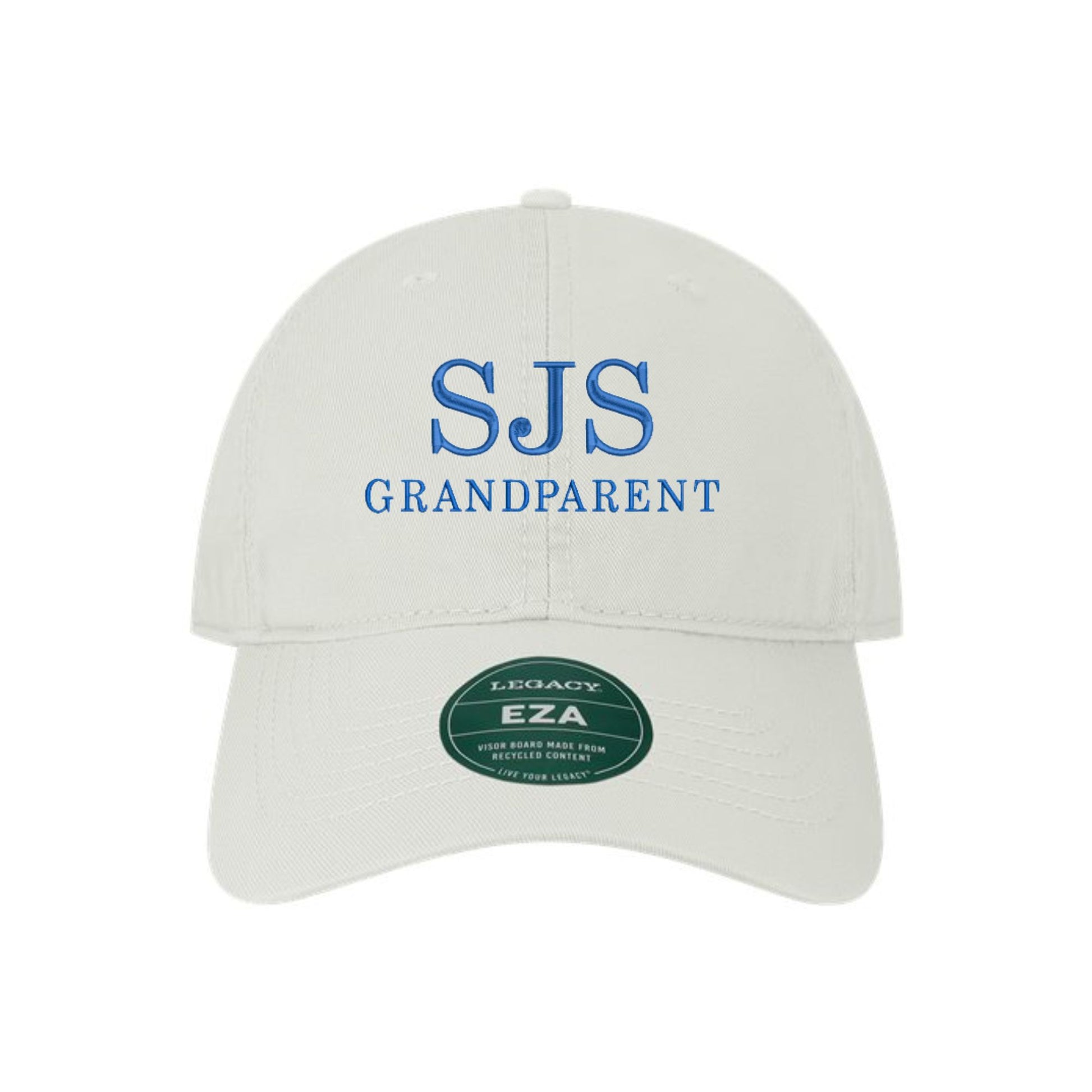 white baseball hat with sjs grandparent embroidered in royal blue thread