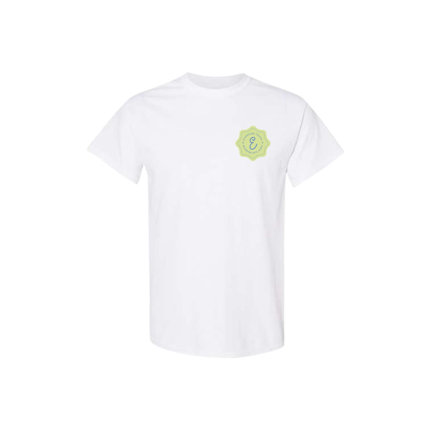 White t-shirt with a green logo on a white background