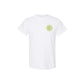 White t-shirt with a green logo on a white background