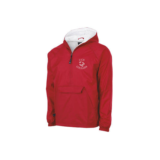 red pullover rain jacket with custom ccs cougars embroidered logo on the left chest in white thread