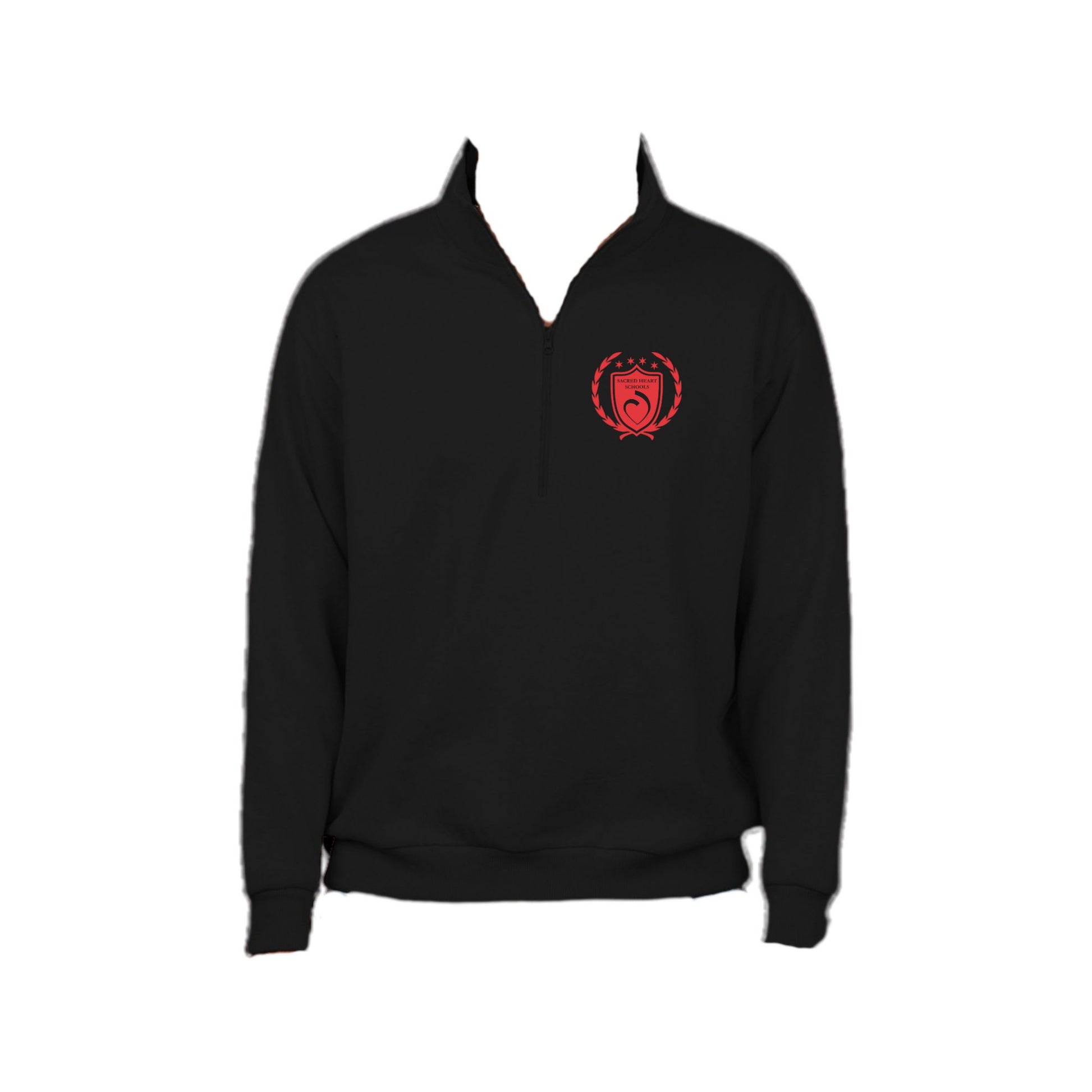 black adult relaxed quarter zip with custom sacred heart schools crest print in red ink on the left chest