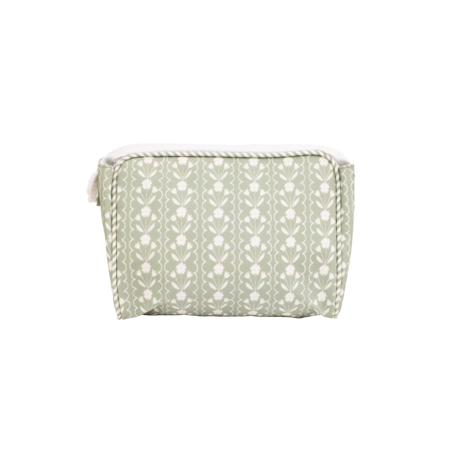 Small sage green pouch with a floral pattern on a white background
