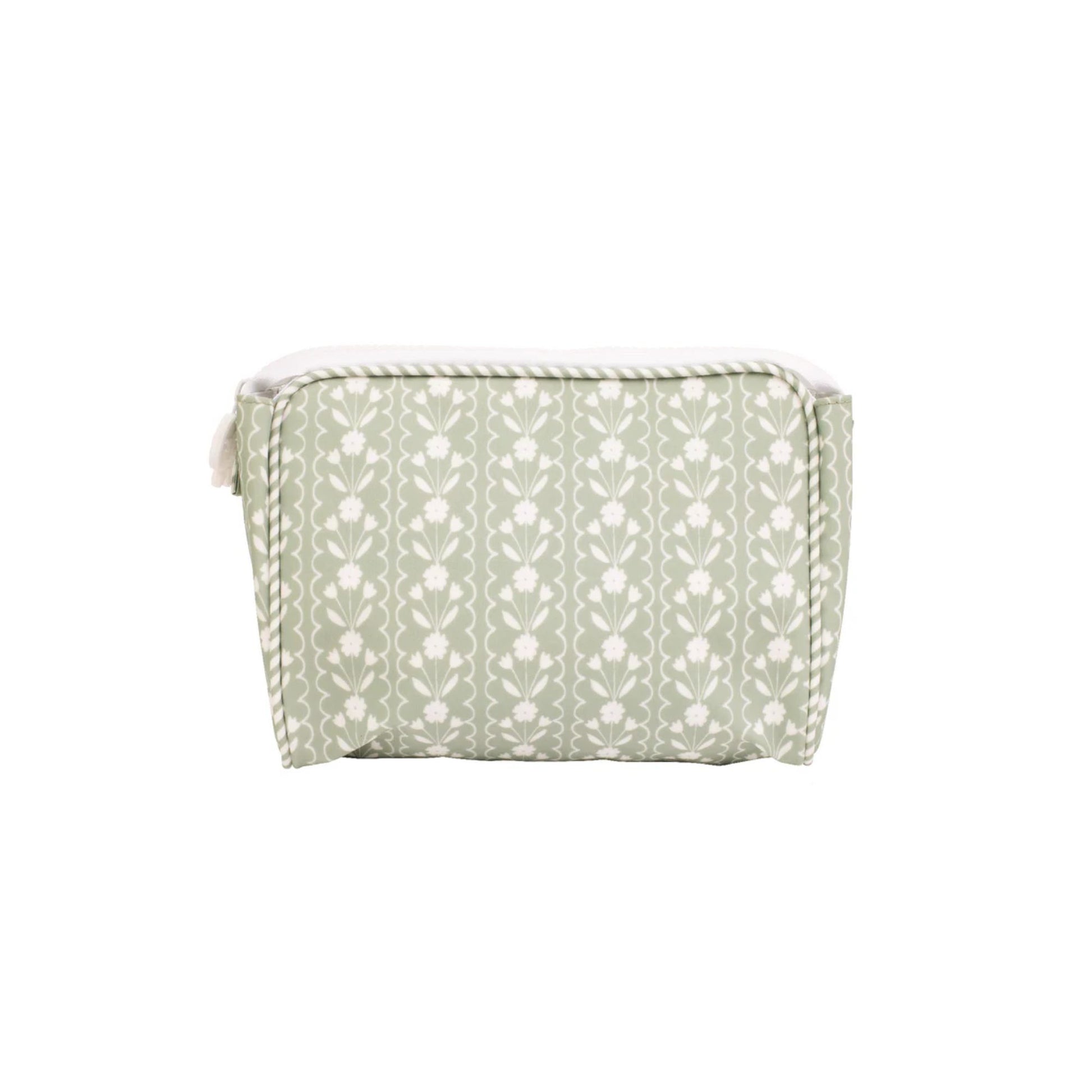 Small sage green pouch with a floral pattern on a white background