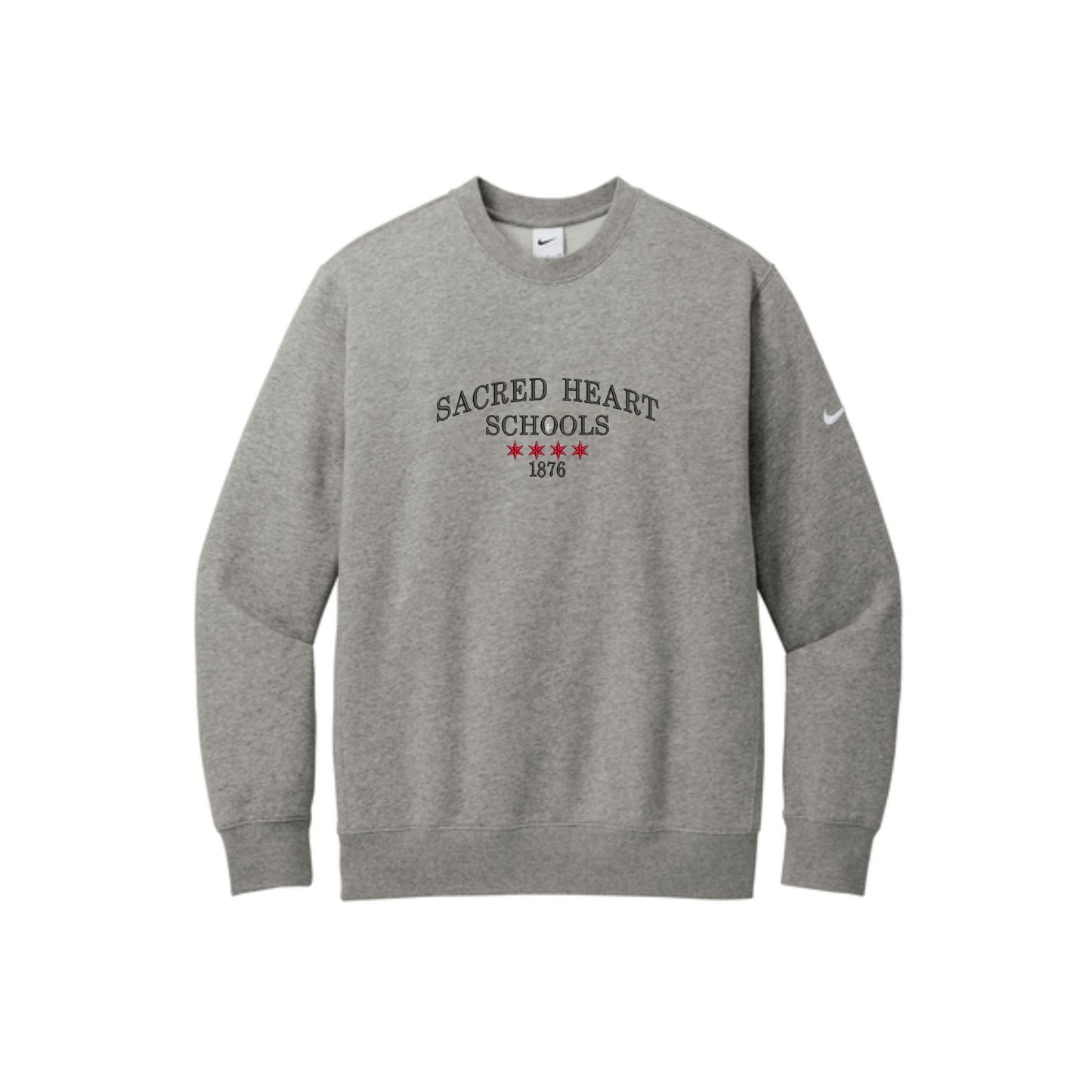 dark grey heather Nike club fleece sleeve swoosh crew with  center chest Sacred Heart Schools embroidered design featuring the Chicago stars