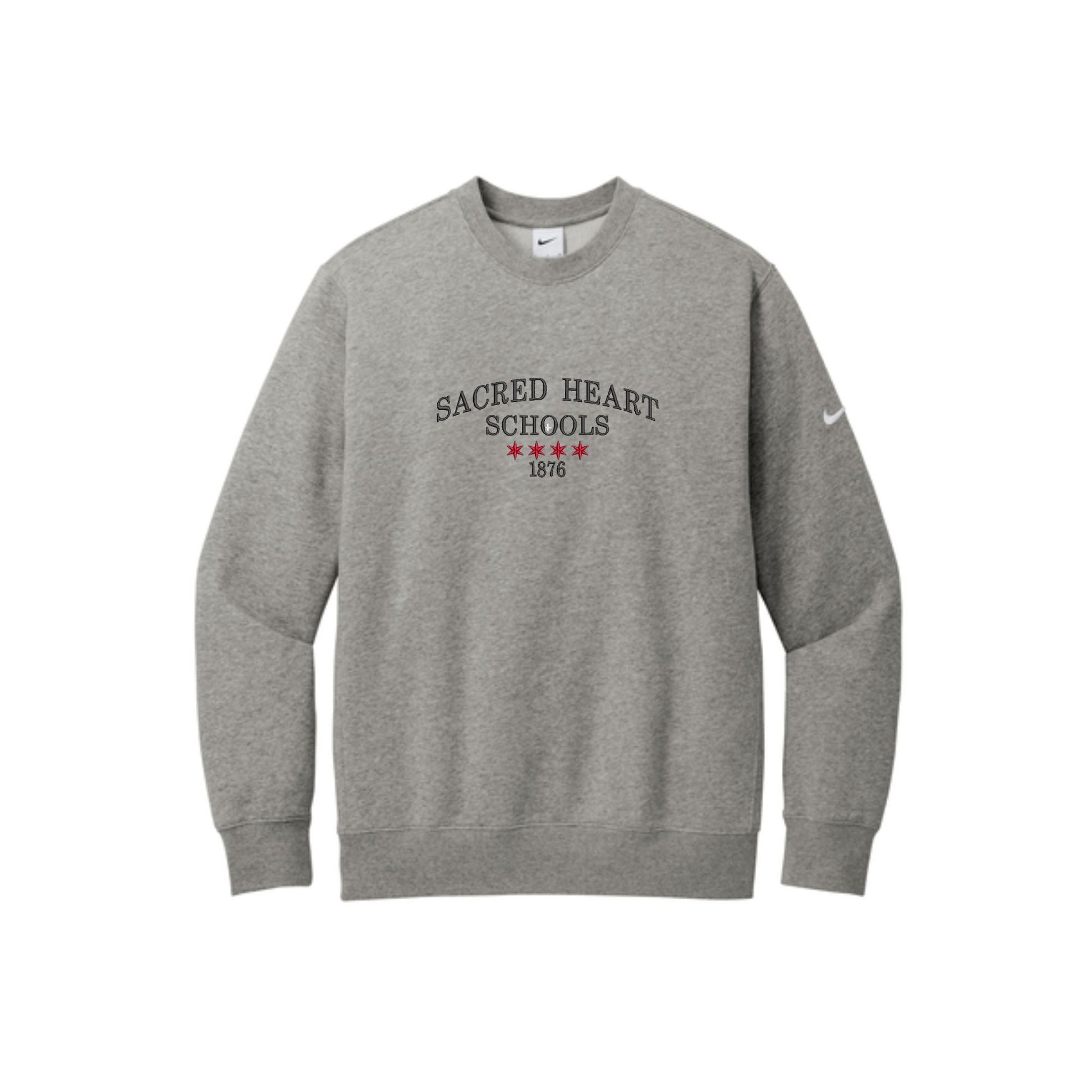 dark grey heather Nike club fleece sleeve swoosh crew with  center chest Sacred Heart Schools embroidered design featuring the Chicago stars
