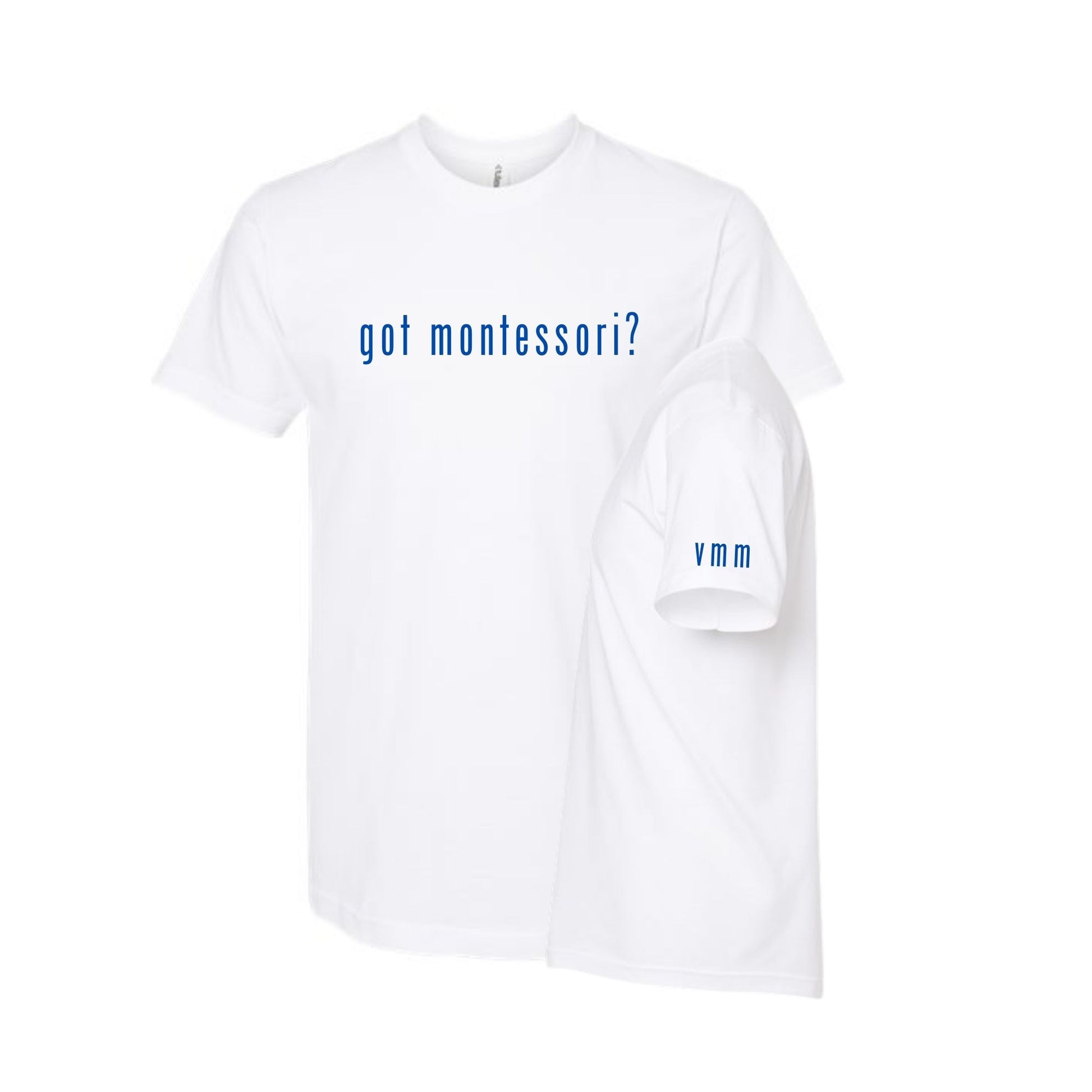 White t-shirt with 'got montessori?' text on a white background