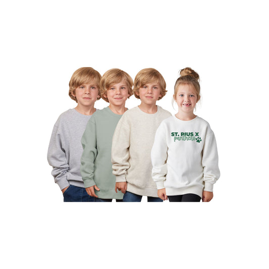 Four children wearing different colored sweatshirts on a white background