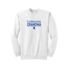 White crewneck sweatshirt with a royal blue st. joseph school grandma printed design