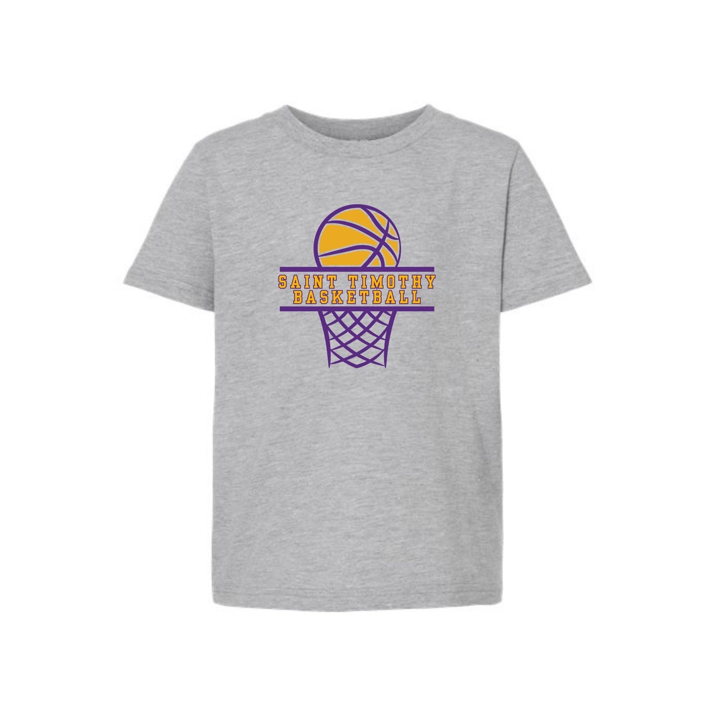 Gray t-shirt with basketball graphic and text on a white background