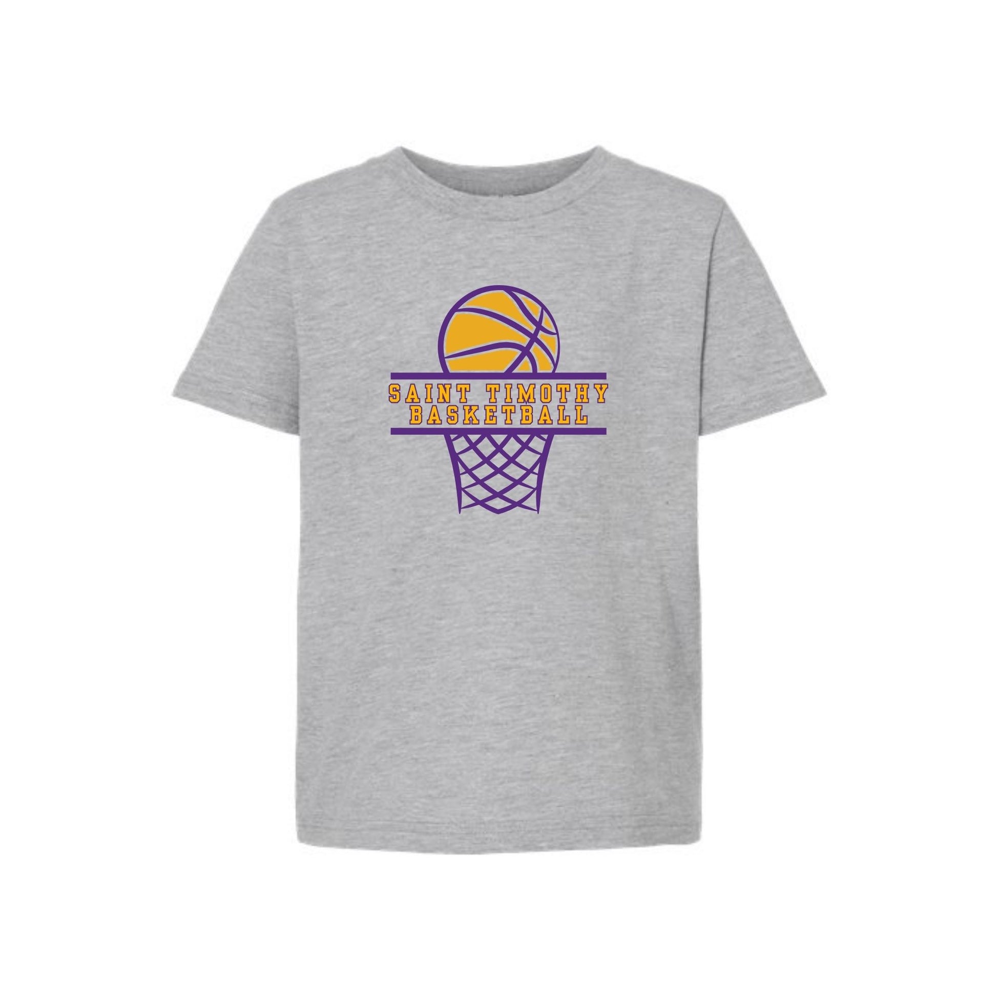 Gray t-shirt with basketball graphic and text on a white background