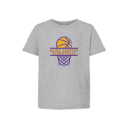 Gray t-shirt with basketball graphic and text on a white background