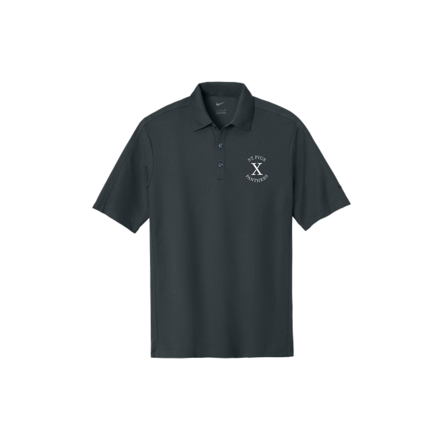 Dark gray polo shirt with a logo on a white background