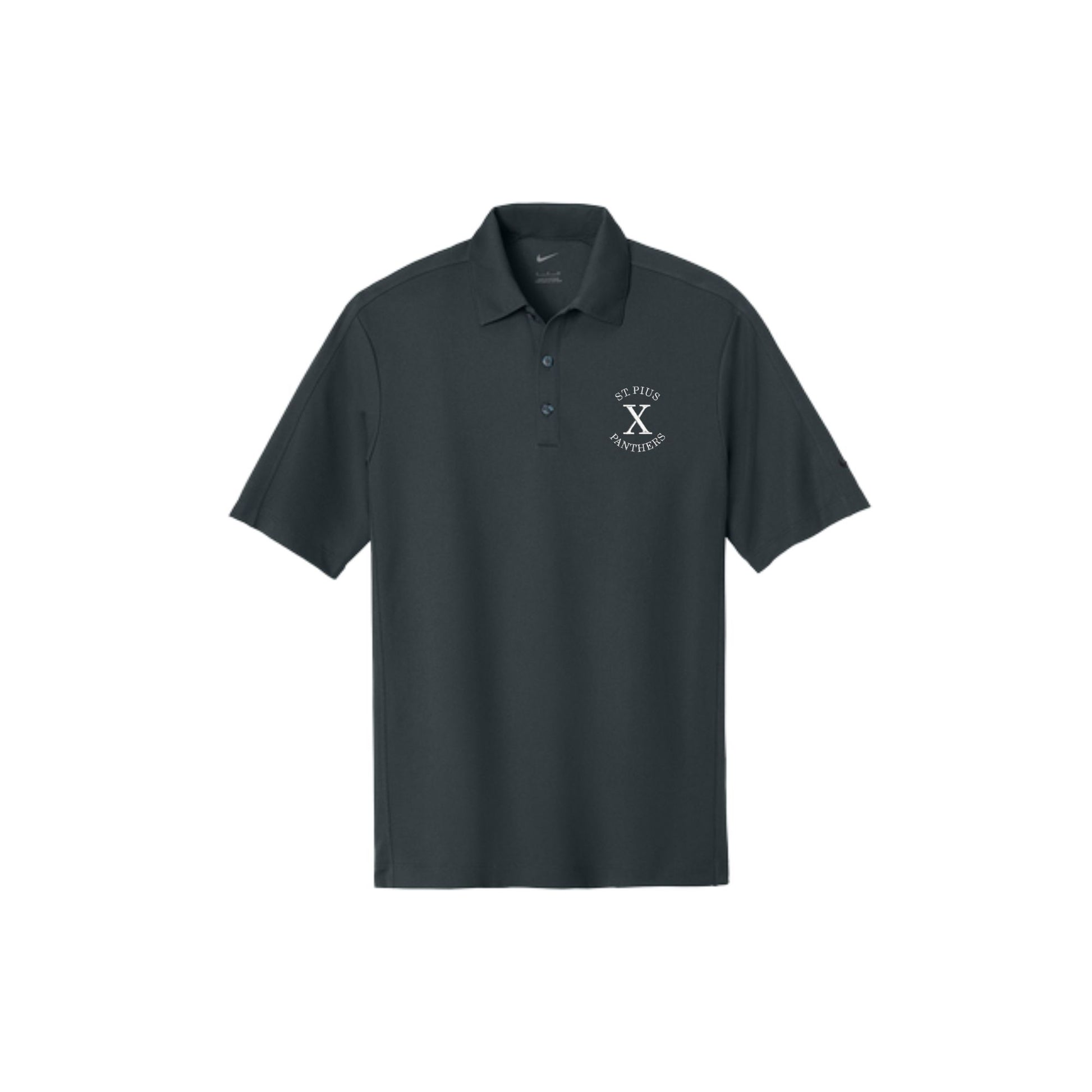Dark gray polo shirt with a logo on a white background