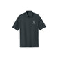 Dark gray polo shirt with a logo on a white background