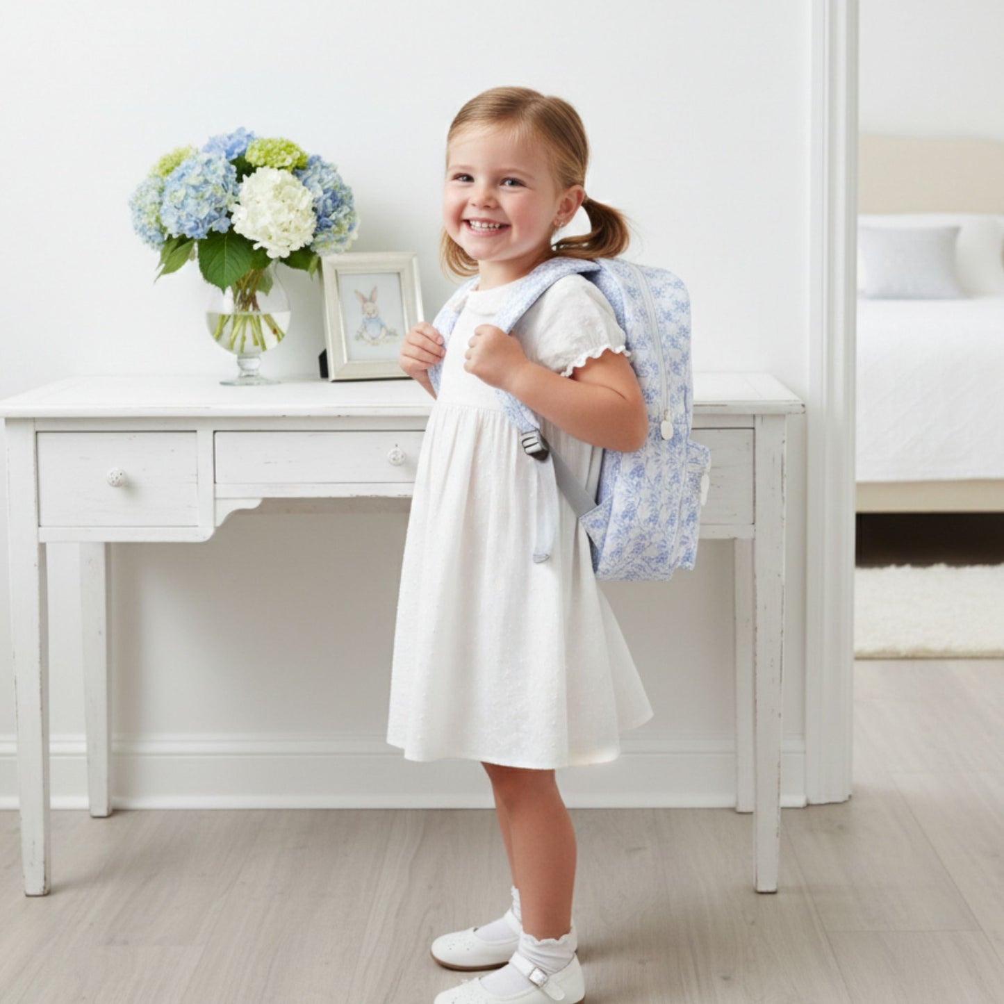 Young girl in a white dress with a floral backpack standing in a room with a desk and flowers.