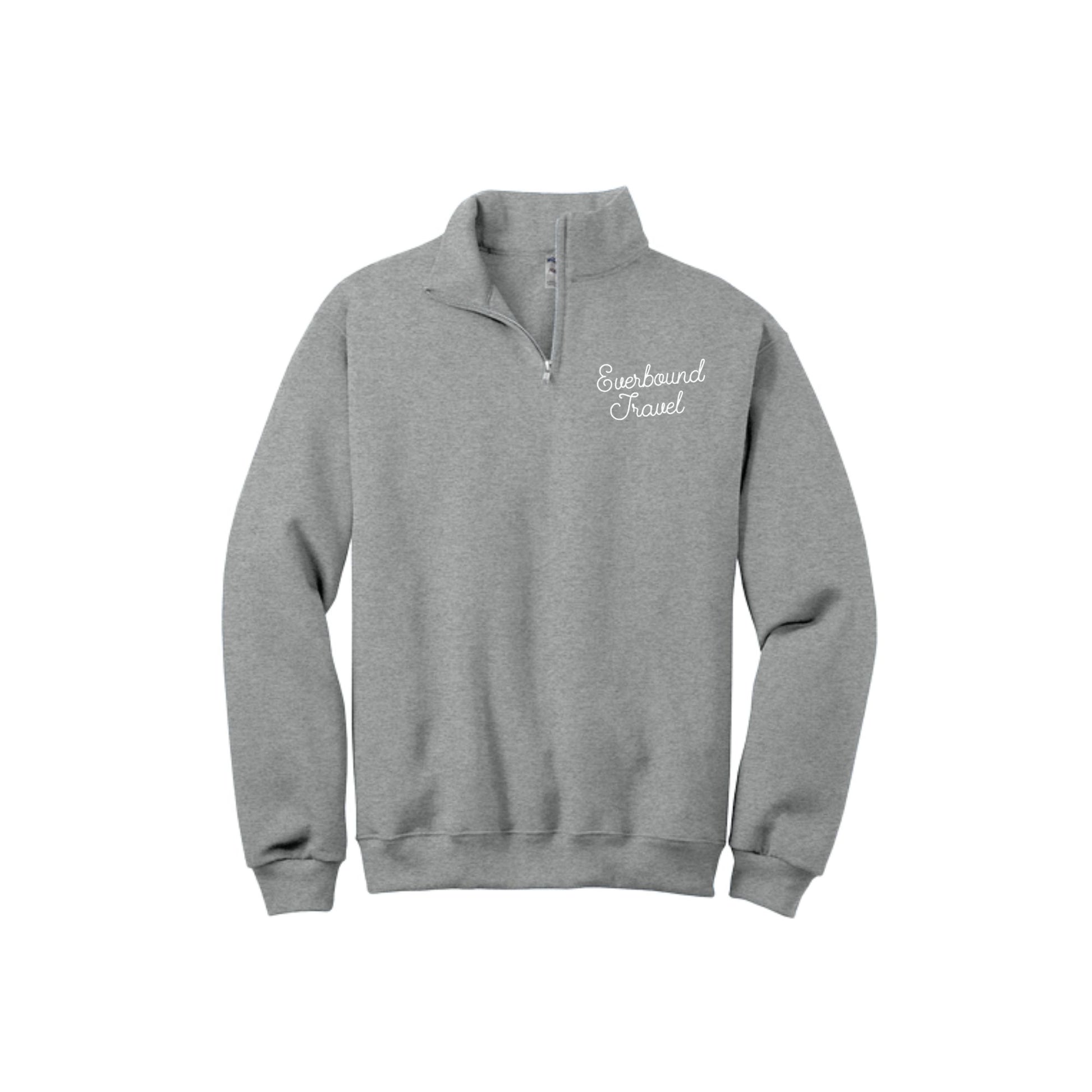 Gray sweatshirt with 'Everbound Travel' logo on a white background
