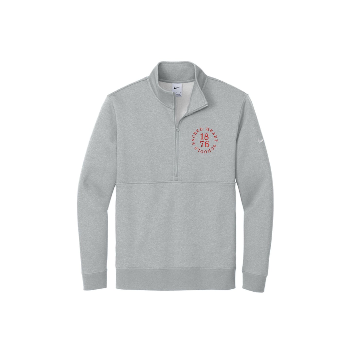 Dark Grey Heather Nike Club Fleece Sleeve Swoosh 1/2-Zip with custom Sacred Heart Schools 1876 rounded embroidered logo on the left chest in red thread