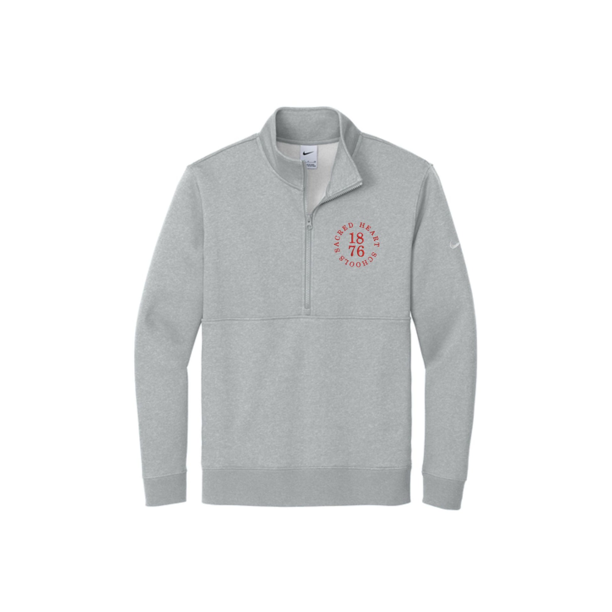 Dark Grey Heather Nike Club Fleece Sleeve Swoosh 1/2-Zip with custom Sacred Heart Schools 1876 rounded embroidered logo on the left chest in red thread
