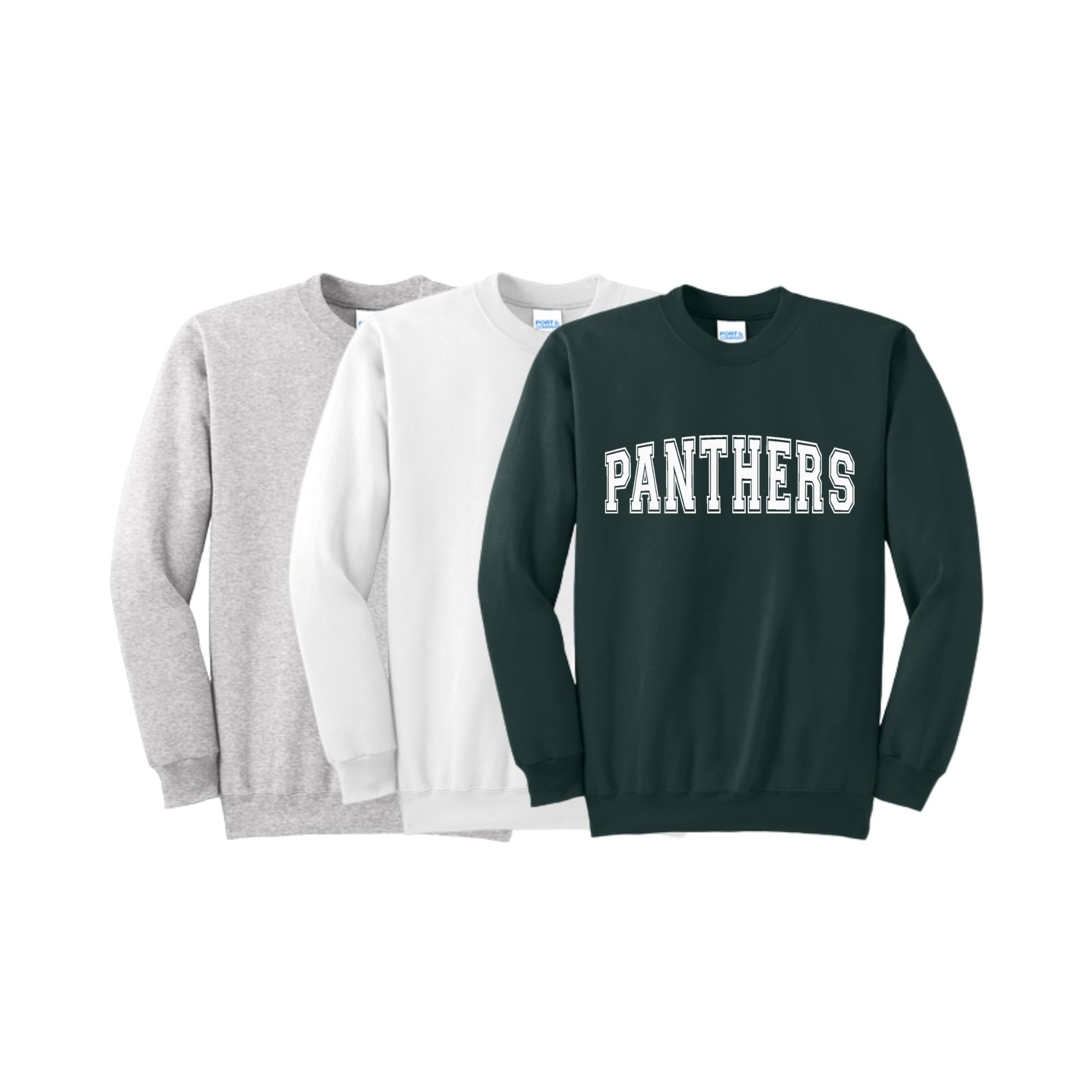 Three sweatshirts in gray, white, and green with 'PANTHERS' text on a white background