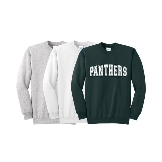 Three sweatshirts in gray, white, and green with 'PANTHERS' text on a white background