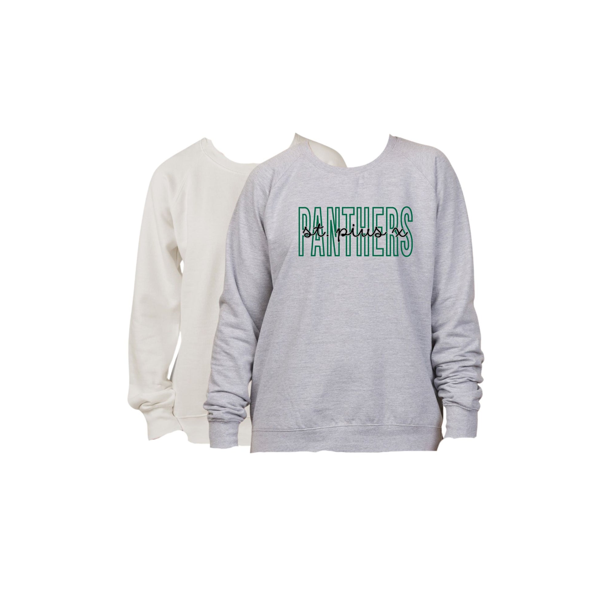 Two sweatshirts, one white and one gray, with 'St. Louis' text on a white background