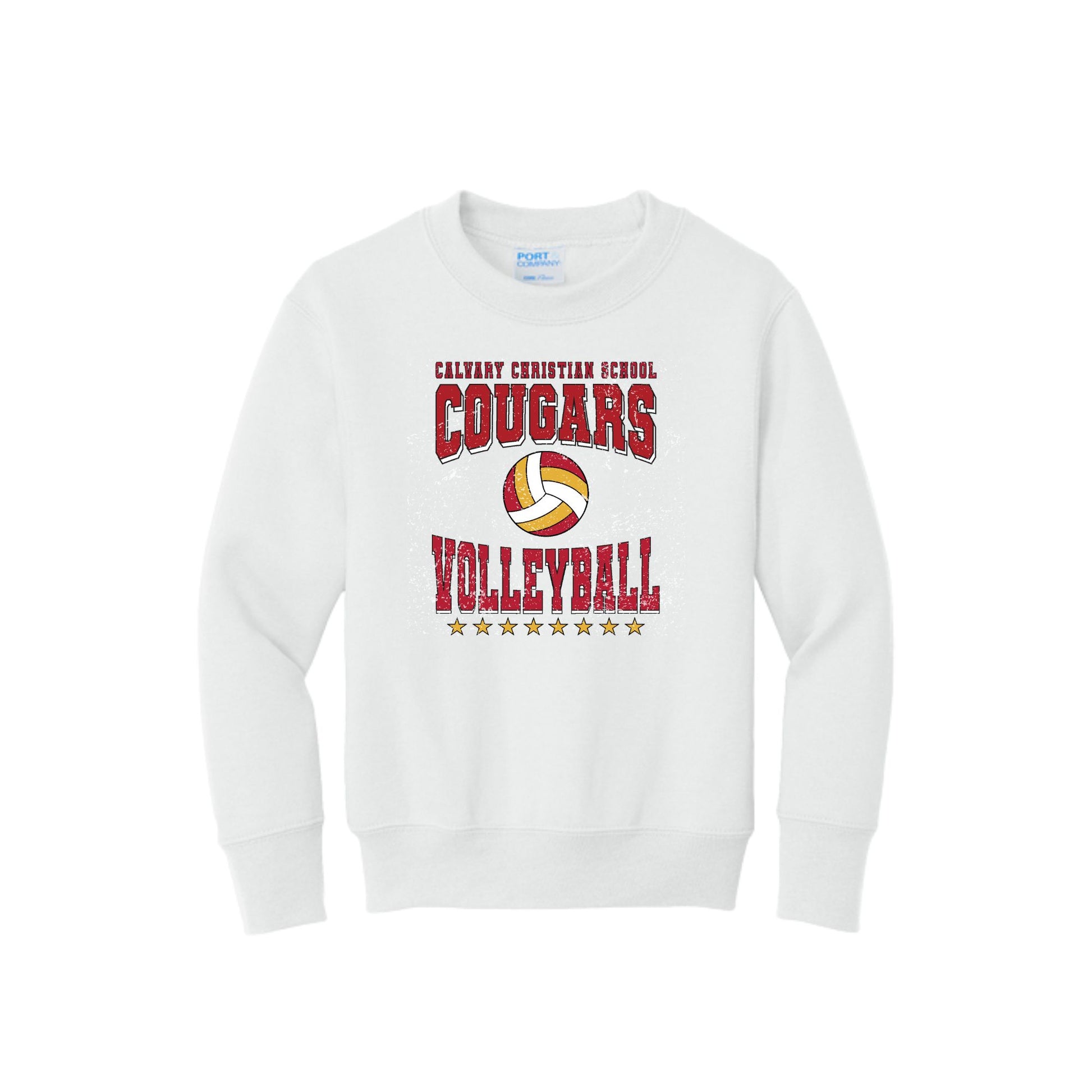 White sweatshirt with 'Cougars Volleyball' text and volleyball graphic on a white background