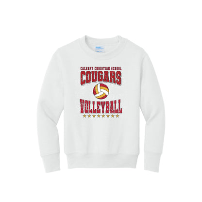 White sweatshirt with 'Cougars Volleyball' text and volleyball graphic on a white background