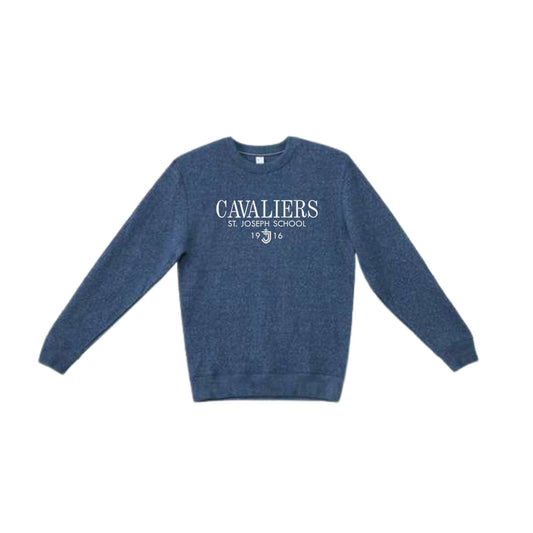 cozy knit navy sweater with 'Cavaliers St. Joseph School' embroidery in white thread on the center chest