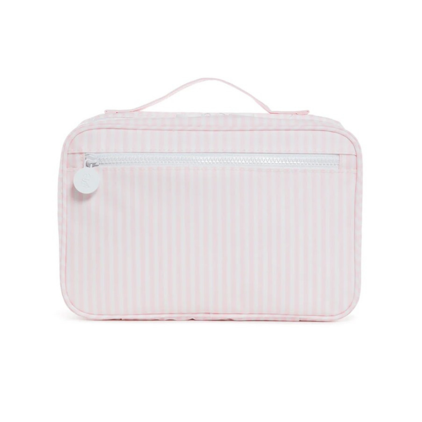 Pink striped toiletry bag  on a white background