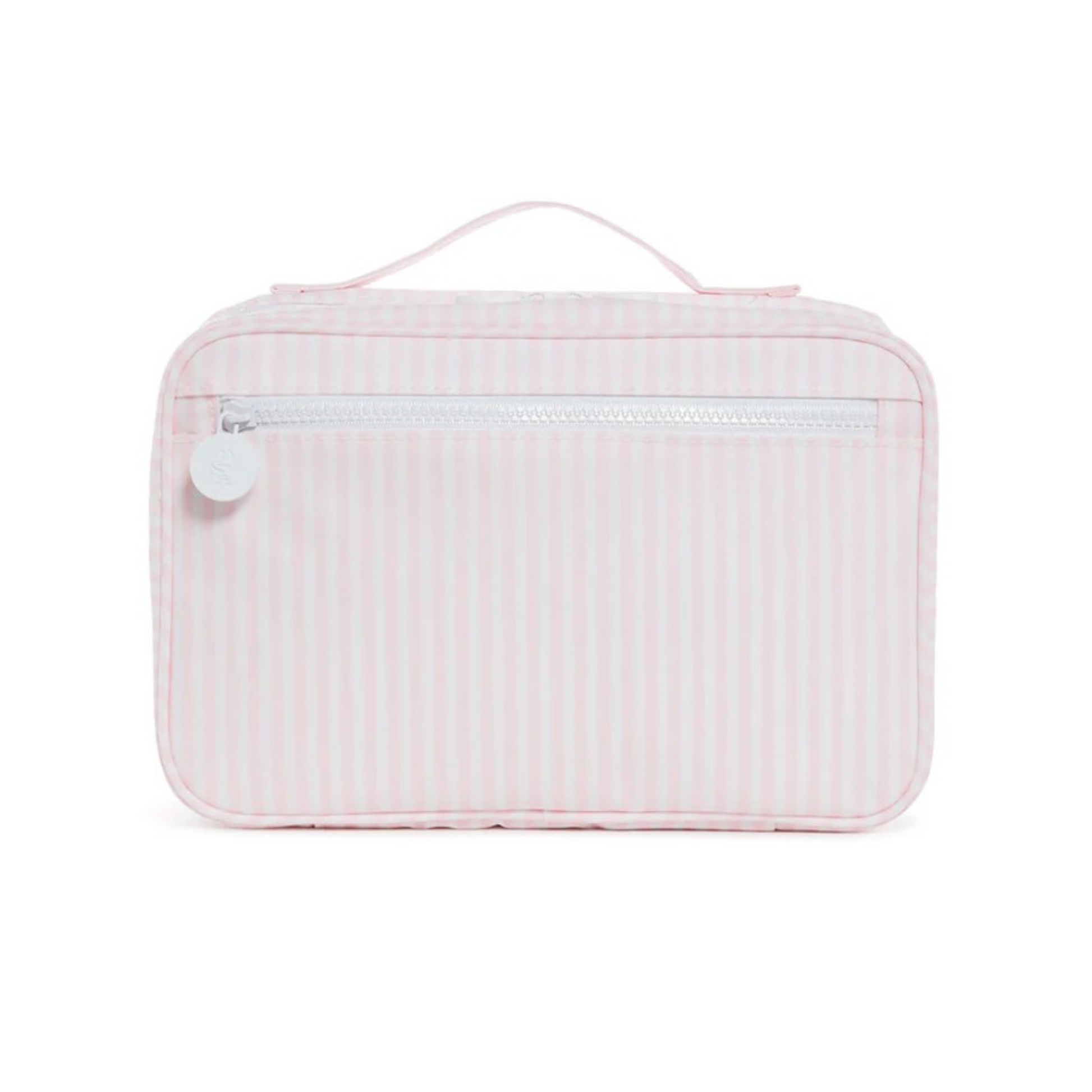 Pink striped toiletry bag  on a white background