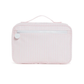 Pink striped toiletry bag  on a white background
