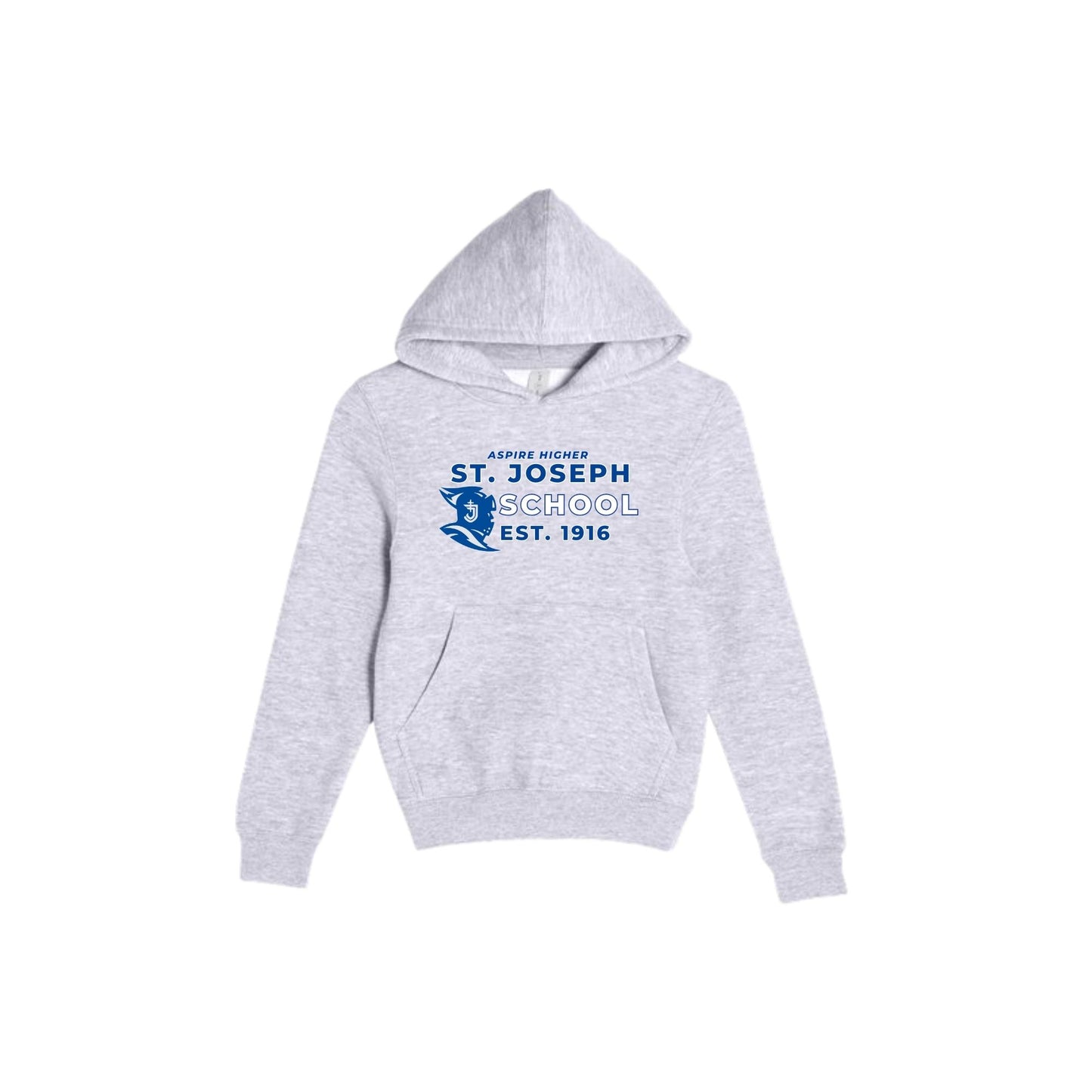 Gray hoodie with 'St. Joseph School' text and logo on a white background