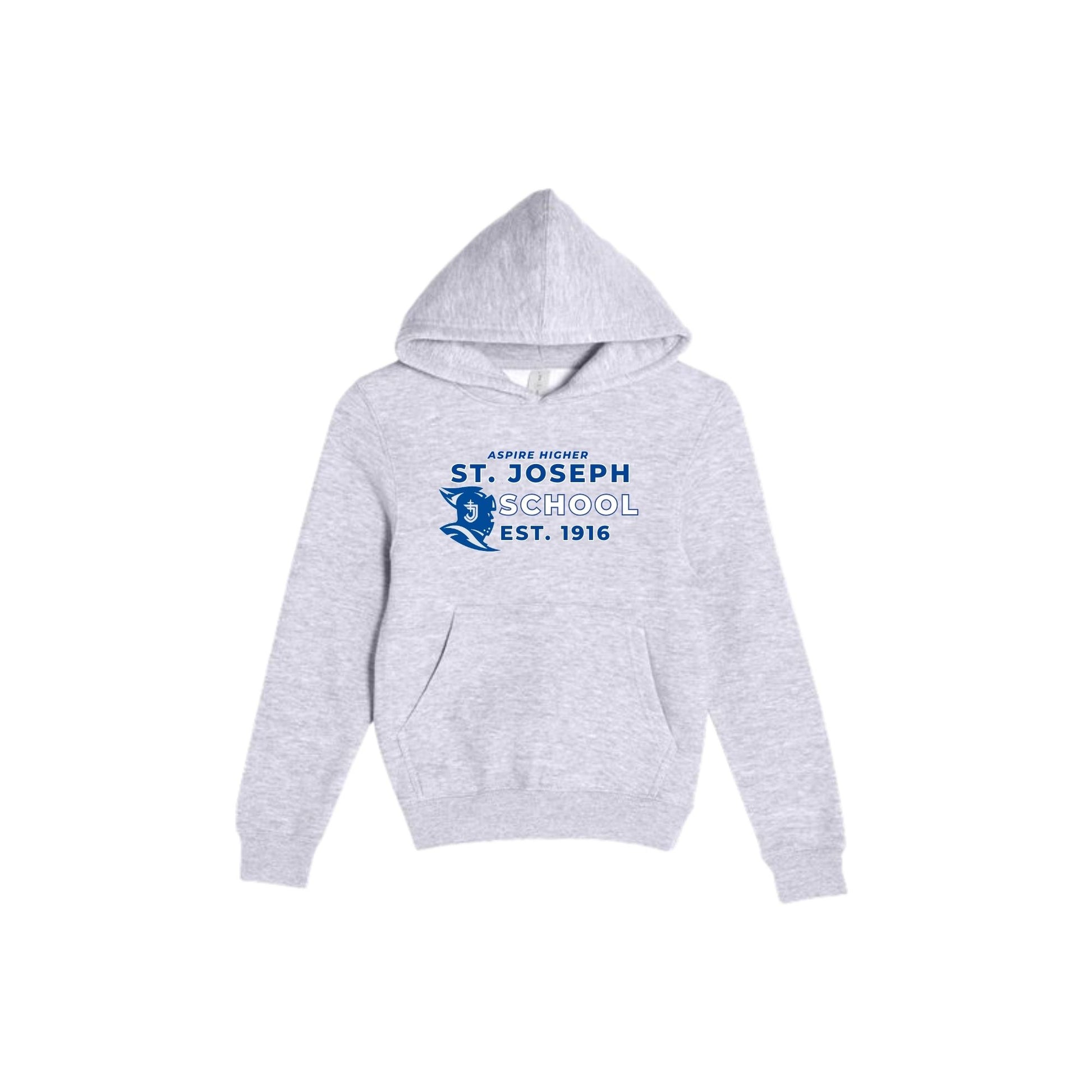 Gray hoodie with 'St. Joseph School' text and logo on a white background