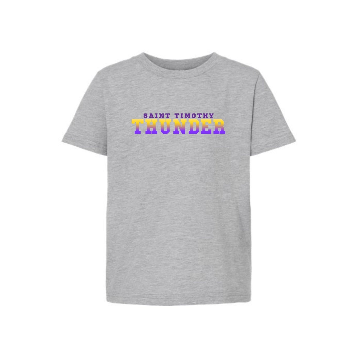 Gray t-shirt with 'Saint Timothy Thunder' text on a white background