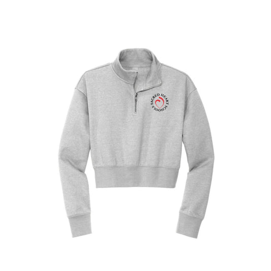 athletic heather cropped quarter zip with custom printed sacred heart schools heart logo on the left chest in black and red ink