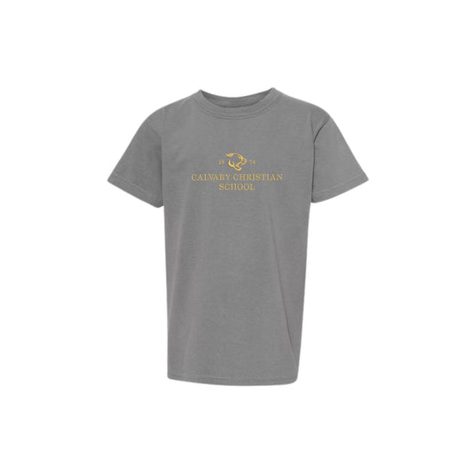 grey comfort colors t-shirt with custom calvary christian school embroidered design in gold thread