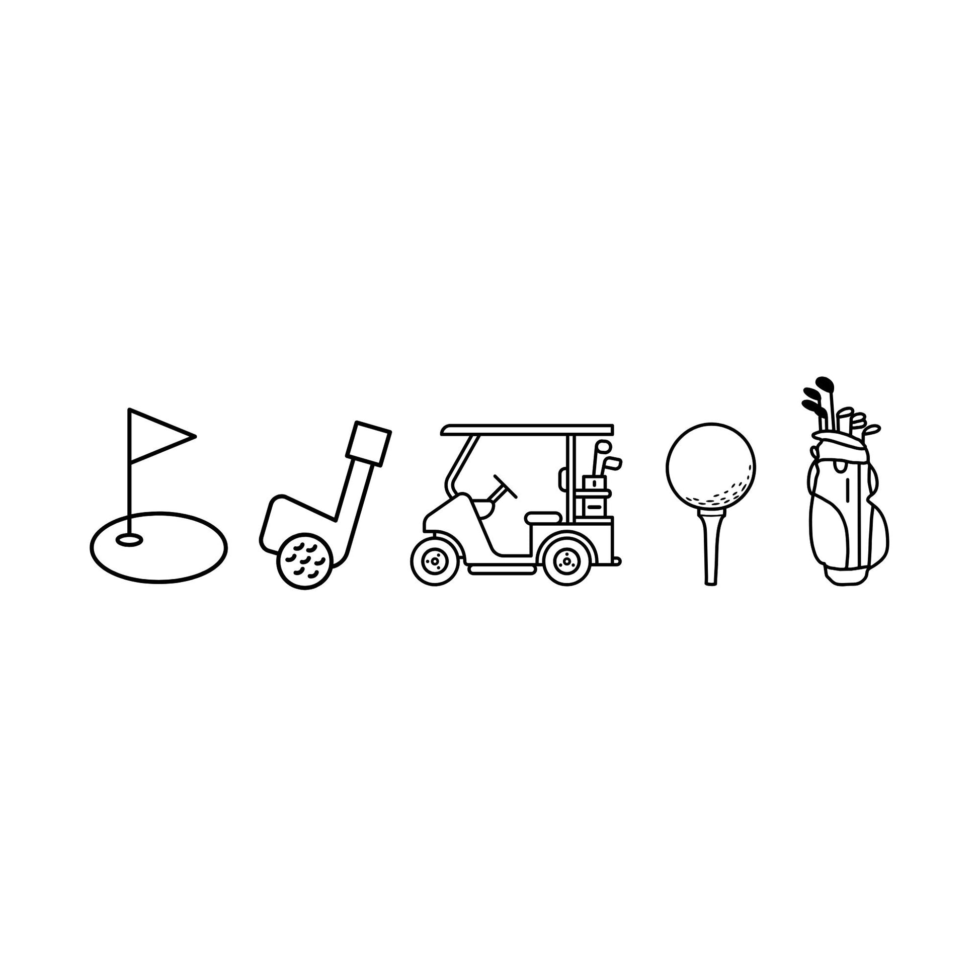 custom outlined golf icon printed design featuring: golf bag, golf ball on a tee, golf cart, golf club, and golf green/flag